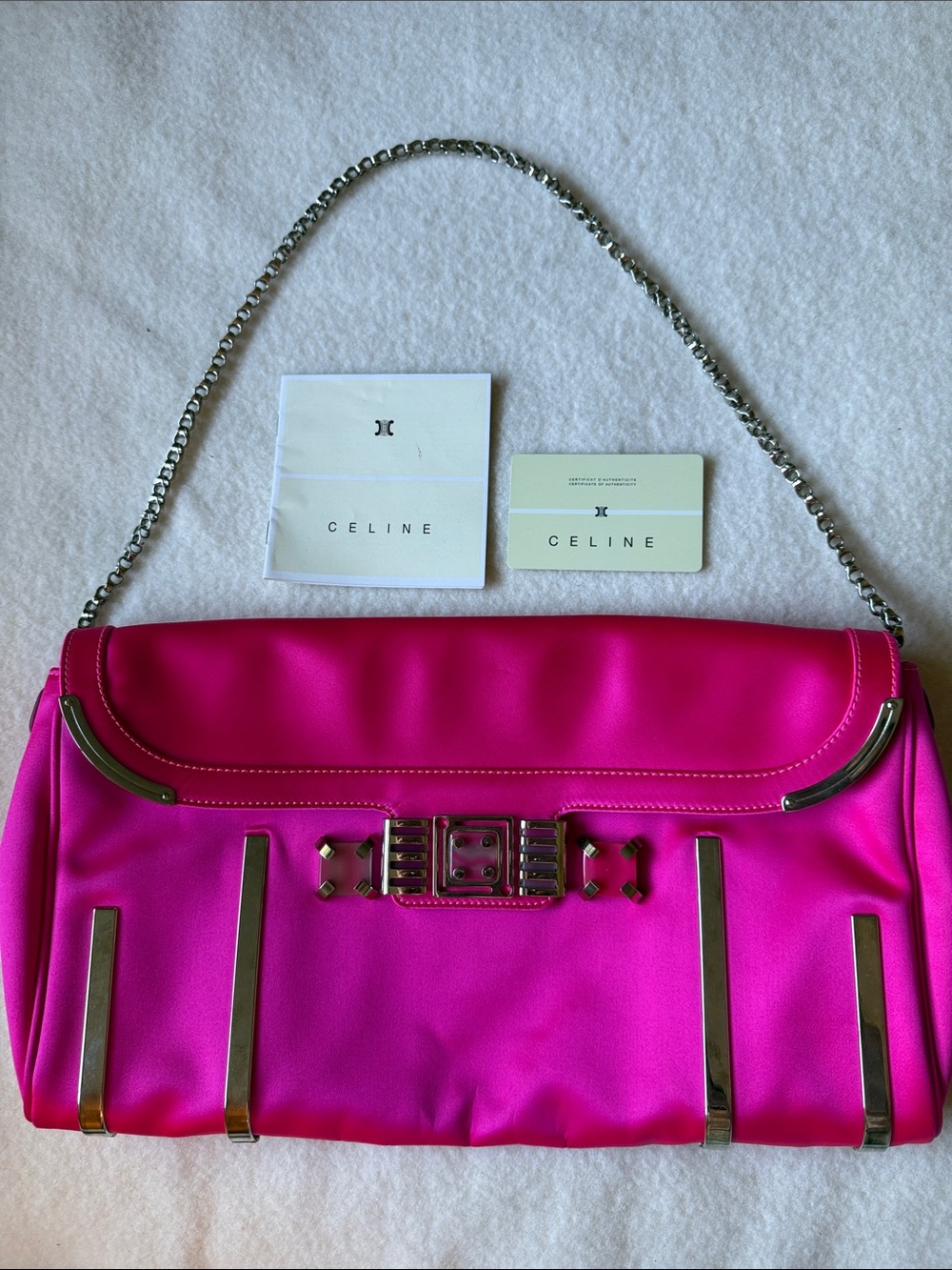 Celine Corset Gemmium Pink Satin Clutch Shoulder Bag Silver Hardware
